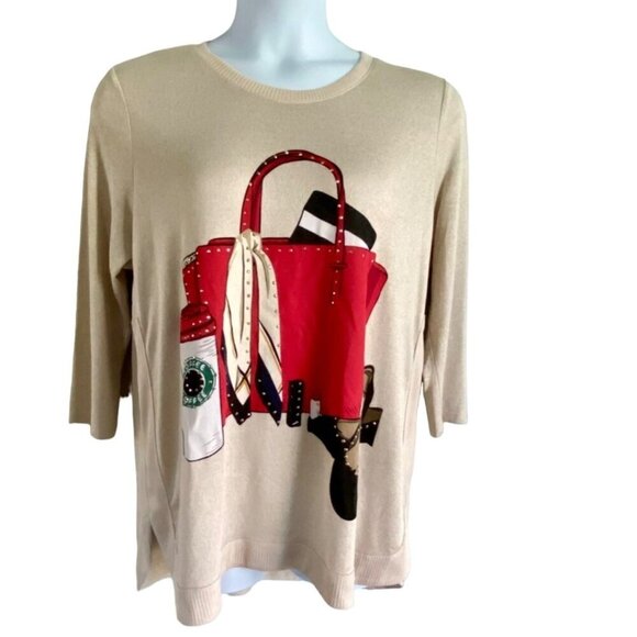Kiss and Fly Embellished Knit Top With Handbag, Coffee, Shoes Women's Size 2X - Picture 1 of 12